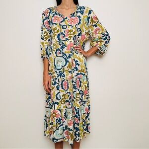 Marwa Boho Floral Print Midi Dress Robe